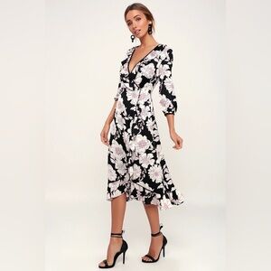 Lulus Burgundy Floral V-Neck Flowy Ruffle Feminine Midi Dress Size Extra Large